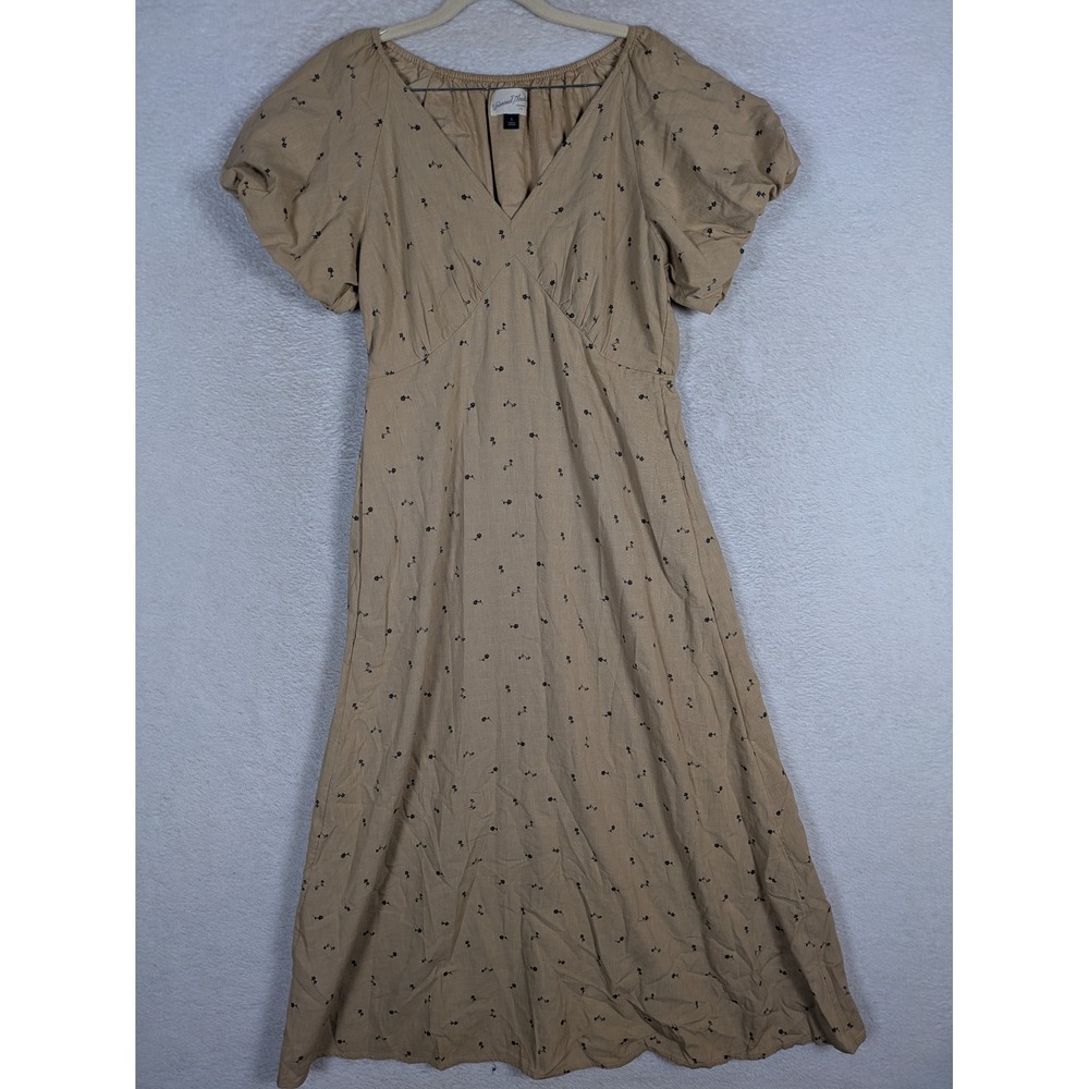 Universal Thread Midi Dress Women's Size S Tan Floral Puff Sleeve V-Neck Pockets